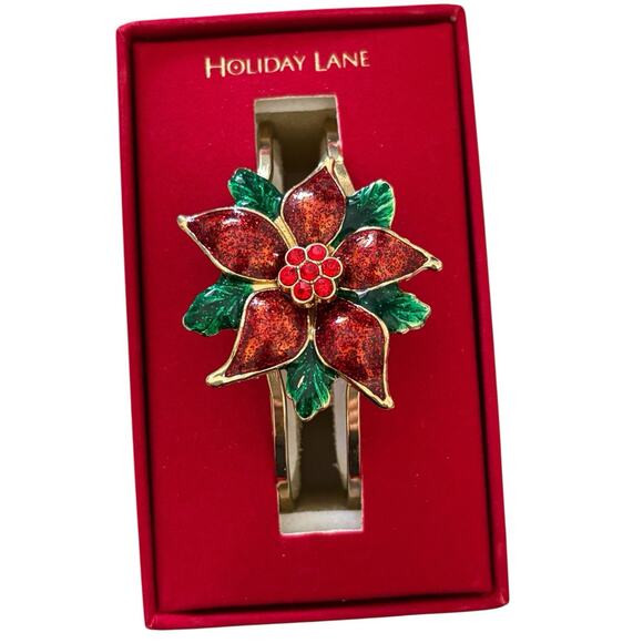 Macy’s Holiday Lane Gold Enameled Poinsettia Christmas Bangle Bracelet NIB - Picture 2 of 6